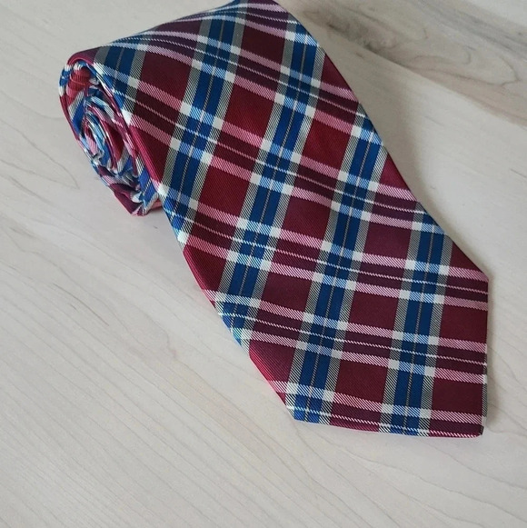 🇩🇪HUGO BOSS vintage  plaid red and blue tie - Picture 2 of 8